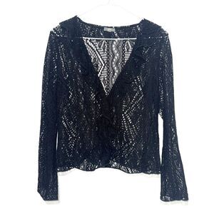 J Jill Lace Ruffled Long Sleeve Top - Black S/M